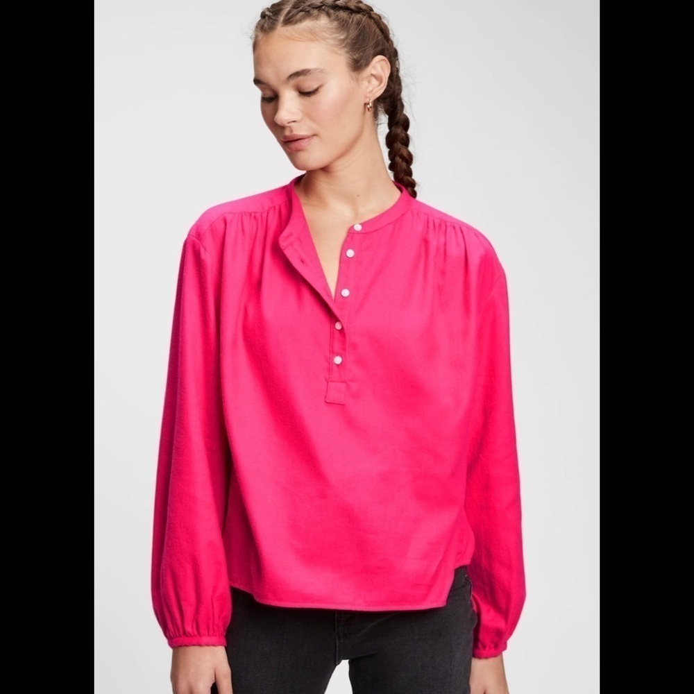 GAP Shirred Henley Long Sleeves Button Front Pink Blouse - Size L